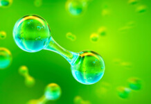 Water-splitting catalyst creates hydrogen at low temps Hydrogen molecules on green background (aushets)