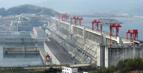 Aerial image of flood gates at the Three Gorges Dam in China