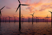 Feasibility licences granted for Bunbury offshore wind zone Beautiful peach and purple sky with offshore wind turbines (port)