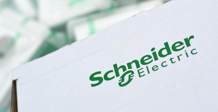 Close-up of Schneider Electric logo on packaging (Aveva)