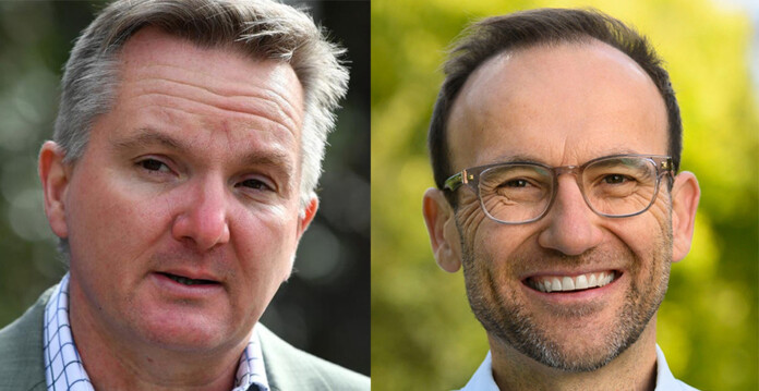 Headshot of Australia's Climate Change and Energy Minister Chris Bowen beside headshot of Greens leader Dr Adam Bandt (safeguard)