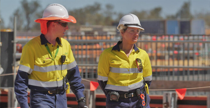 Transgrid Graduate Engineer Basma Daqaq and Site Manager Daniel Seddon-Powell at the EnergyConnect Buronga substation construction site