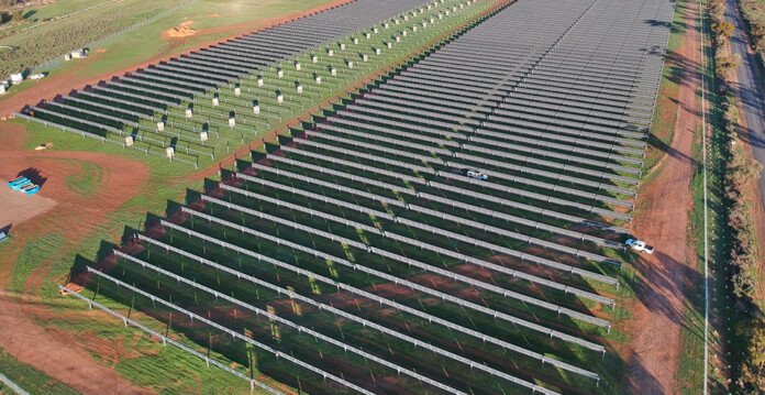 Aerial shot of solar panels at Berri Energy Project (Flow Power)