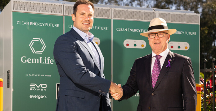 Sunshine Coast Mayor Mark Jamieson and GemLife Director and CEO, Adrian Puljich, at the launch of the VPP batteries (over-50s)