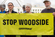 Greenpeace Australia Pacific and Woodside settle court case Greenpeace activists hold yellow sign saying STOP WOODSIDE outside Parliament House in Canberra