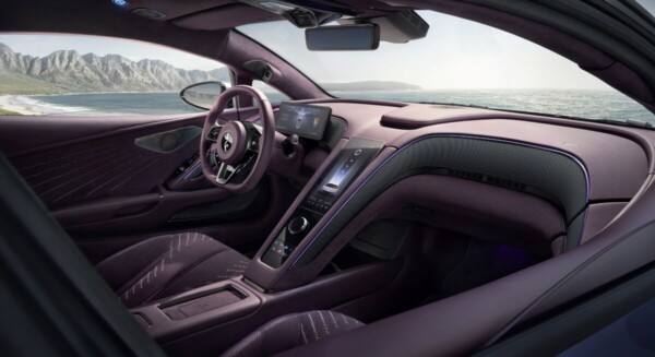 Close up of electric supercar's sleek interior cabin