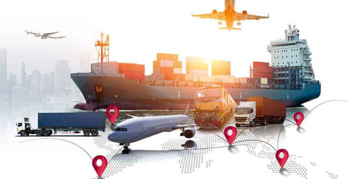 Graphical composite image comprising shipping, air freight, trucks, and other transport