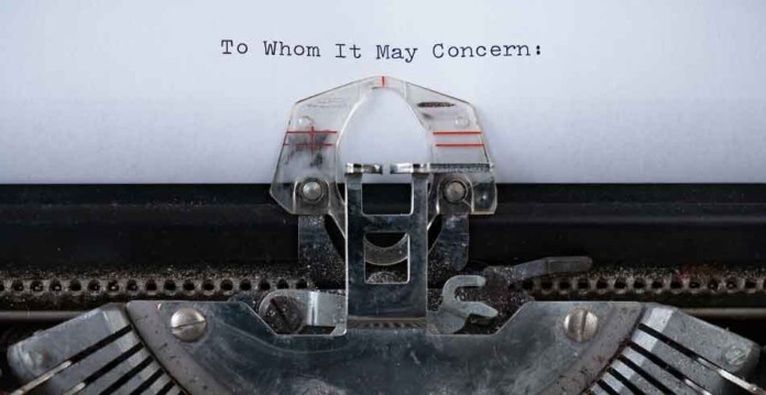 close up of typewriter with the words 'to whom it may concern' typed in the centre of a piece of paper
