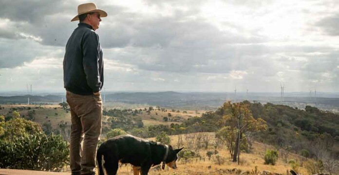 Male farmer with working dog on property overlooking huge wind farm