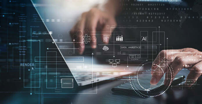 Composite image of male hands on a laptop with AI vectors superimposed on top