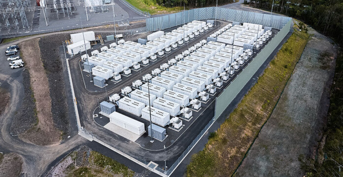 Aerial photo of battery units at the Greenbank Battery site
