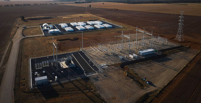 Drone shot of a battery storage system at dawn