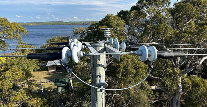 Close-up of powerlines with new generation covered conductor