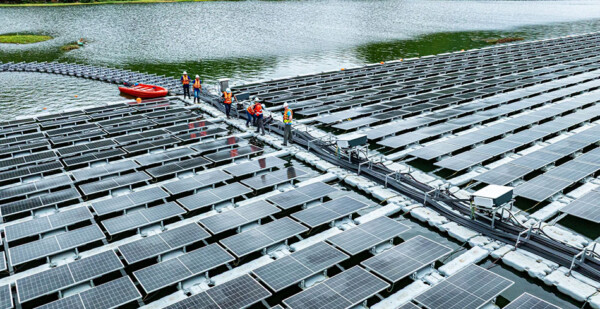 Close up shot of floating solar arrays on water reservoir