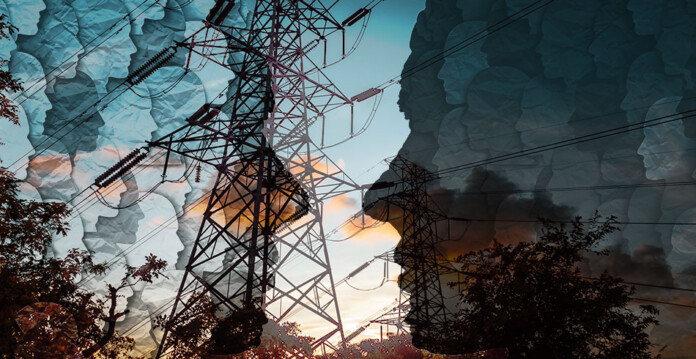 Composite image showing two face silhouettes made of smaller faces with an electricity transmission tower superimposed