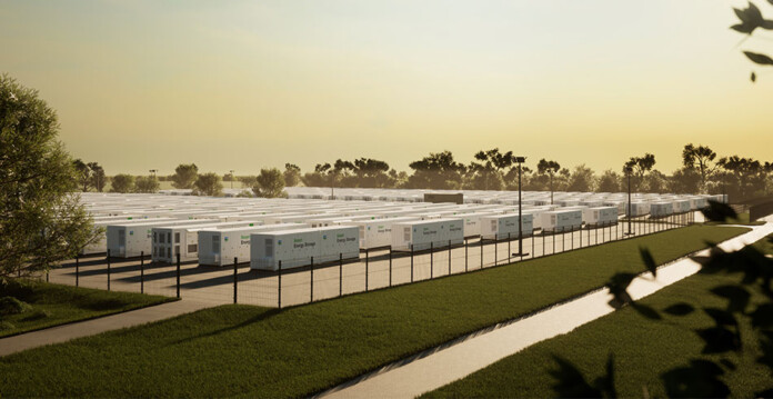 Rendered image of battery units at Portland Energy Park at sunrise