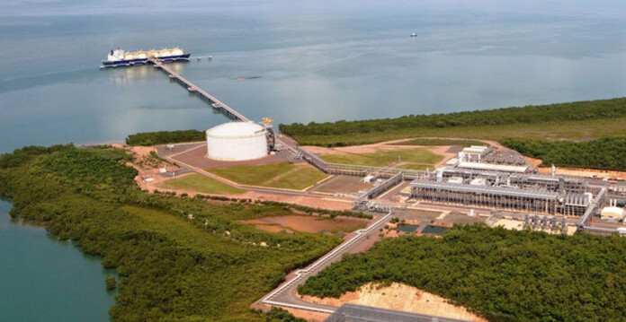 Aerial shot of Darwin LNG storage hub and gas tanker