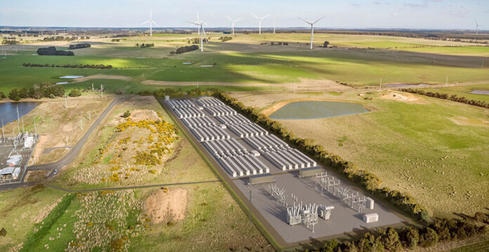 Rendered image of battery storage system with wind turbines in background