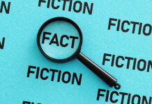 Facts, fictions, and fables Graphical illustration showing a page with the words fact and fiction and a magnifying glass over 'fact'