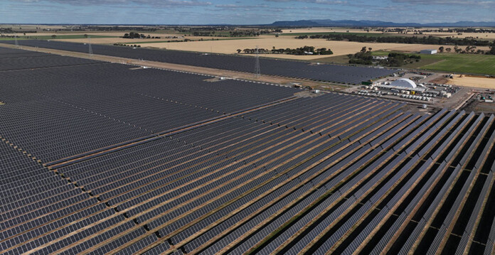 Aerial shot of solar farm at renewable energy park