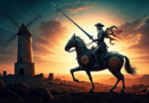 Tilting at windmills AI-generated stock image of Don Quixote, sword drawn atop a horse, heading towards a windmill