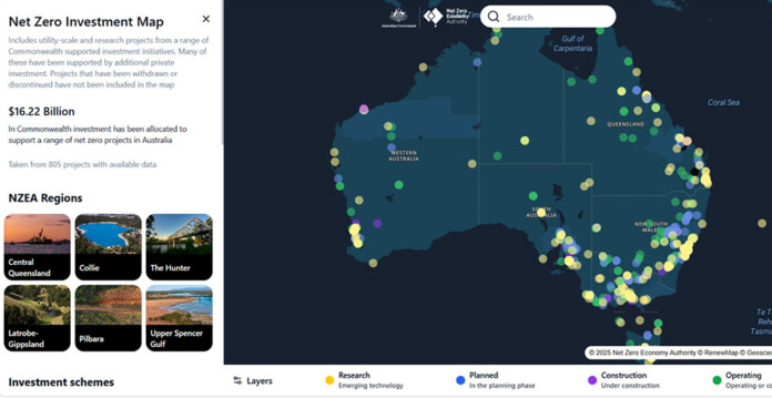 Screenshot of an online interactive map showing Commonwealth investment in renewables projects