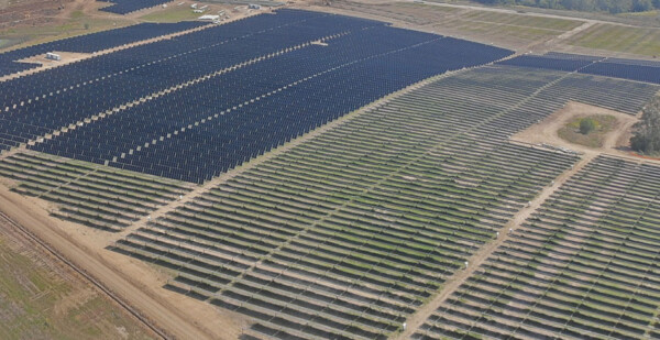 Aerial shot of large solar farm