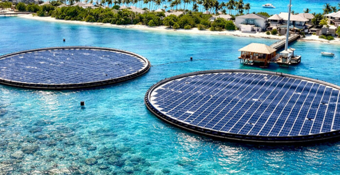 Floating solar arrays in beautiful blue waters of the Maldives