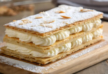 How to bake an electrical mille-feuille Photo of a layered French pastry (Mille-Feuille) on a wooden board