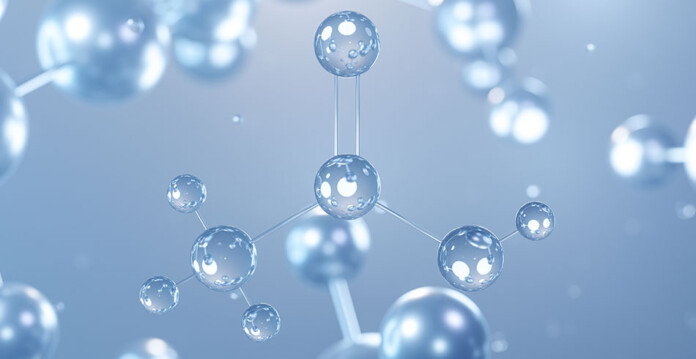Rendered image of acetic acid molecules against blue background