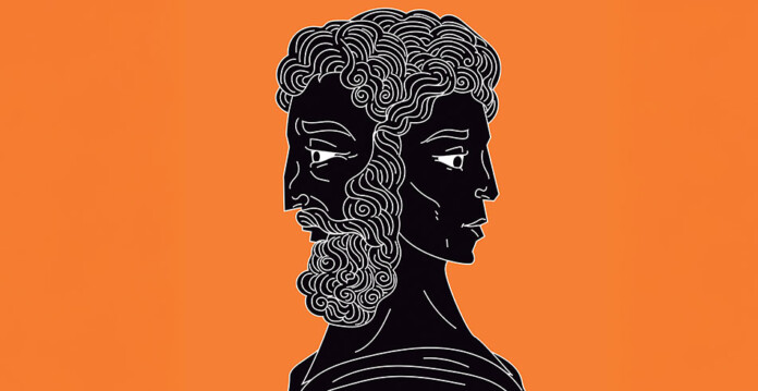 Illustration of Roman god with two faces against bright orange background