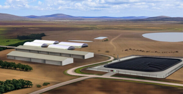 Rendered image of renewable natural gas facility against rural landscape