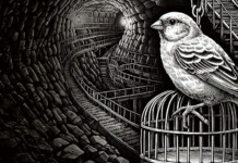 The canary in the coal mine—retaining grid stability Black and white illustration of a canary sitting on a cage in a dark coal mine