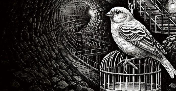 Black and white illustration of a canary sitting on a cage in a dark coal mine