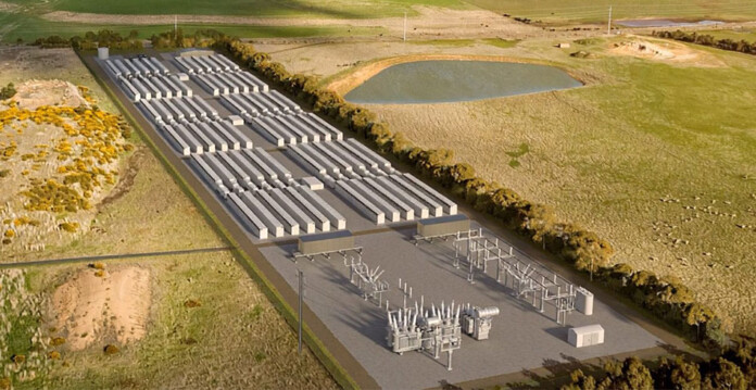 Rendered image of a large battery energy storage system surrounded by green field