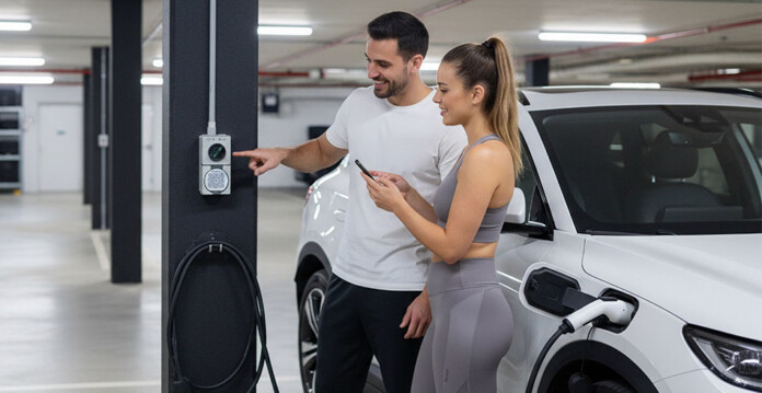 Man and woman look at EV charging point in apartment building parking garage with white electric vehicle