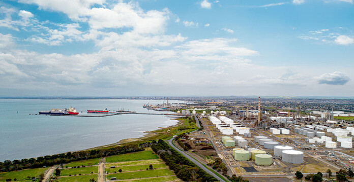Aerial image of Viva Energy gas terminal with blue sky and clouds overhead