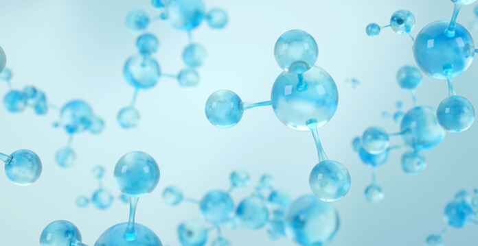 Rendered image of blue ammonia molecules on blue background
