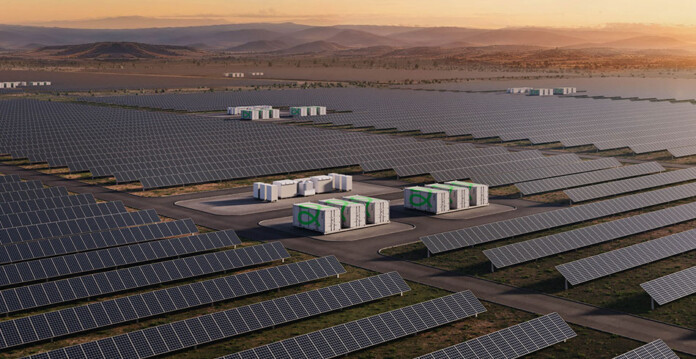 edify-smoky-creek-guthries-gap Artist's impression of a large-scale solar farm and battery storage project with beautiful sunset in the background
