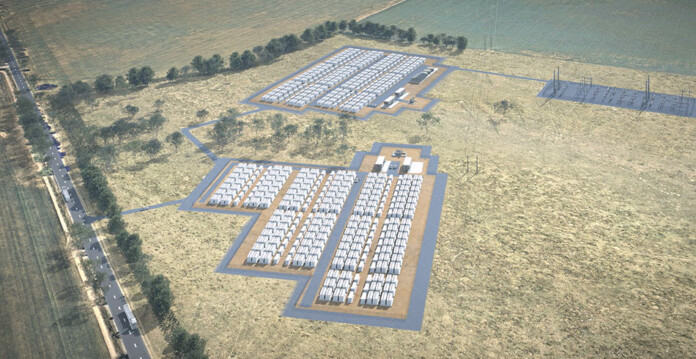 Rendered aerial shot of large-scale battery project in rural setting