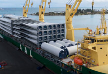 Wind turbines arrive for King Rocks Wind Farm Cargo ship with wind turbine components onboard at a port