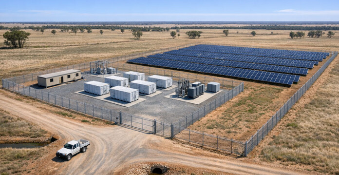 AI-generated render of a microgrid in a regional area comprising a small solar farm and battery storage units