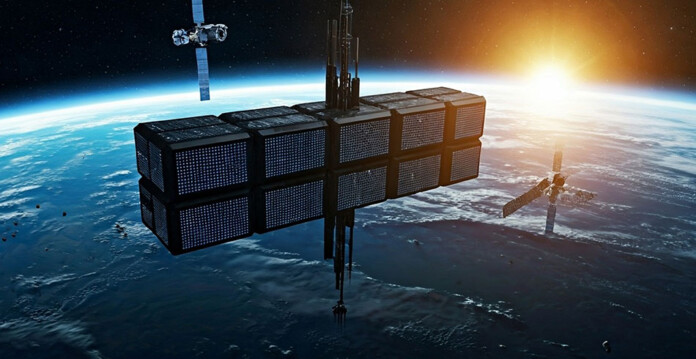 Rendered image of a orbital data centre surrounded by satellites above Earth