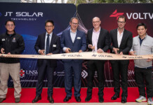 AI-enabled tech brings solar and batteries to apartments A group of researchers cut a ribbon in front of a wall bearing corporate logos