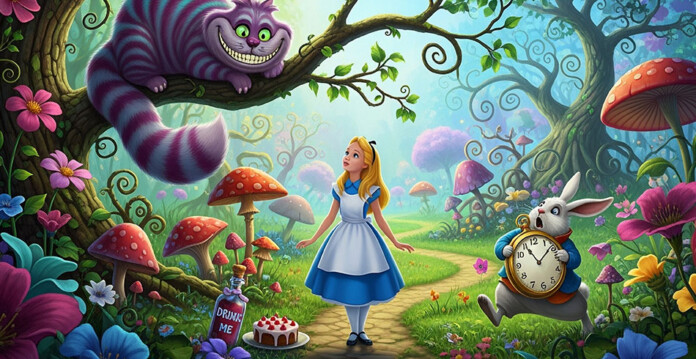 AI-generated image of Alice in Wonderland with the Cheshire Cat and the White Rabbit