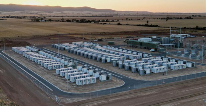 Aerial photograph of large-scale battery project at sunrise