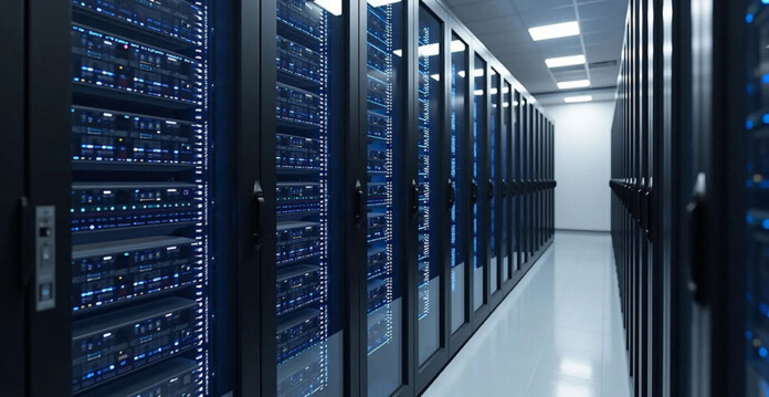 Aisle with servers inside brightly lit data centre