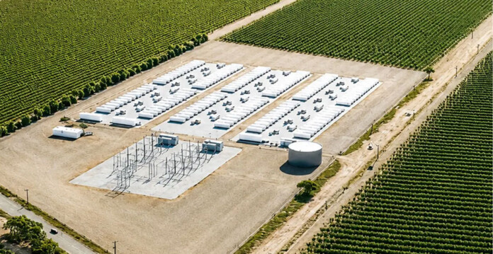 Rendered image of a battery energy storage system set in a rural landscape
