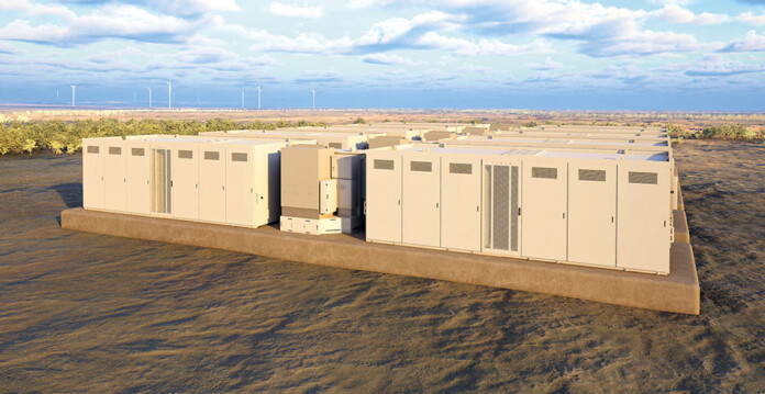 Image of battery storage units at a large battery project with blue sky overhead