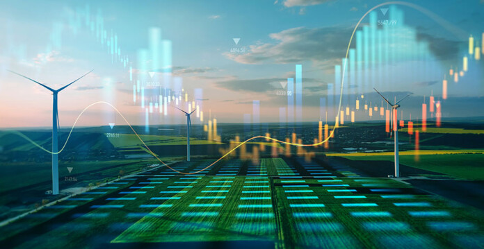 Rendered image of a digital grid landscape including renewable energy sources such as wind turbines